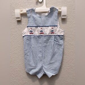 Vintage Baby Togs Smocked Teddy Bear Sailboat Romper 6 9 Months Boys Seersucker